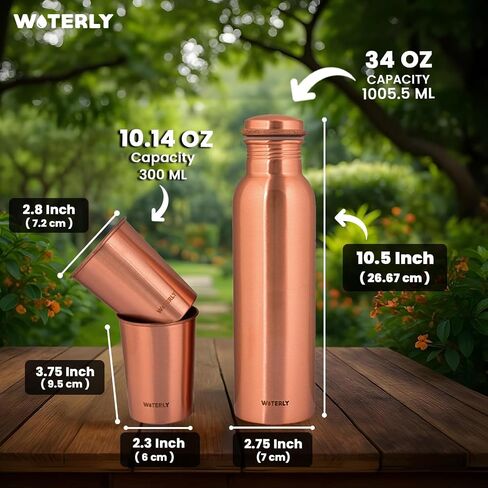 Plain Copper Water Bottle (34 Oz /1000ml) With Set Of 2 Tumbler (10 Oz/300ml Each) | Best use for Office,Gym & gifts |100% Pure Copper Material with Leak proof Quality Made In India in Saudi Arabia