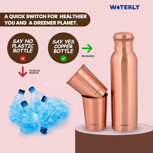 Plain Copper Water Bottle (34 Oz /1000ml) With Set Of 2 Tumbler (10 Oz/300ml Each) | Best use for Office,Gym & gifts |100% Pure Copper Material with Leak proof Quality Made In India in Saudi Arabia