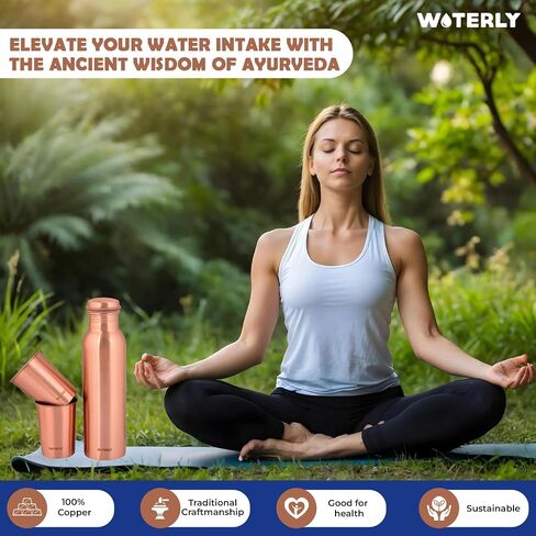 Plain Copper Water Bottle (34 Oz /1000ml) With Set Of 2 Tumbler (10 Oz/300ml Each) | Best use for Office,Gym & gifts |100% Pure Copper Material with Leak proof Quality Made In India in Saudi Arabia