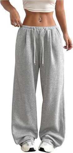 OYOANGLE Women's Drawstring Low Waisted Straight Leg Sweatpants Fleece Lined Loose Sweat Pants with Pockets in Saudi Arabia