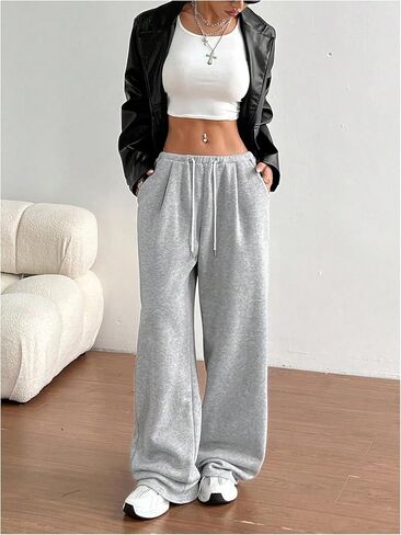 OYOANGLE Women's Drawstring Low Waisted Straight Leg Sweatpants Fleece Lined Loose Sweat Pants with Pockets in Saudi Arabia