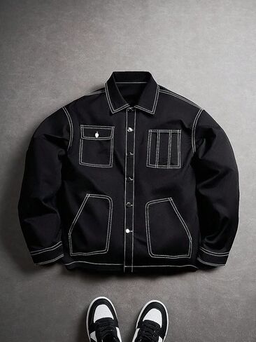 Men's Trendy Workwear Jacket With Buttoned Collar, Multi-Pocket Design, Casual Outdoor Streetwear in Saudi Arabia