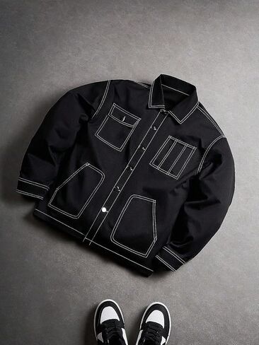Men's Trendy Workwear Jacket With Buttoned Collar, Multi-Pocket Design, Casual Outdoor Streetwear in Saudi Arabia