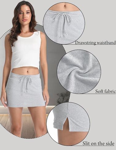 Women's Sweat Mini Skirts Cute Built-in Shorts Split Hem Drawstring Stretchy Tennis Skirts in Saudi Arabia