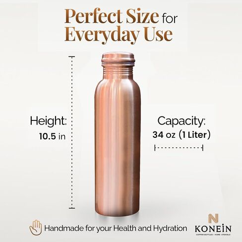 100% Copper Water Bottle, Plain Classic Finish Design, (34 Oz/1000ml), Ayurvedic Copper Bottle for Drinking water with Nature Health Benefits, Leak-Proof, Durable & Eco-friendly in Saudi Arabia