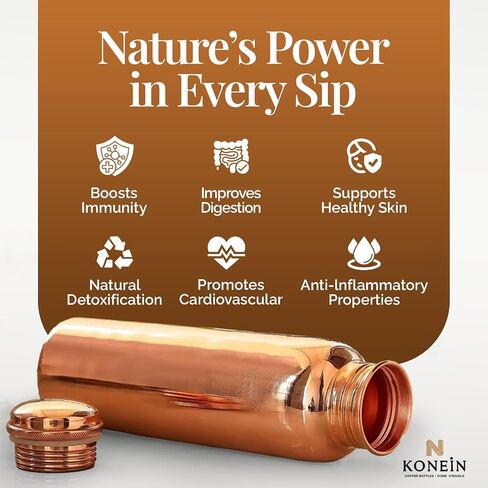 100% Copper Water Bottle, Plain Classic Finish Design, (34 Oz/1000ml), Ayurvedic Copper Bottle for Drinking water with Nature Health Benefits, Leak-Proof, Durable & Eco-friendly in Saudi Arabia