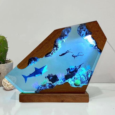 Shark Ocean Resin Lamp, Handmade Resin Night Light for Home Office Decor, Multi-Color LED Light with USB Port, Shark Gifts for Women & Men, Birthday Holiday Marine Biology Gifts for Kids (6"x4") in Saudi Arabia