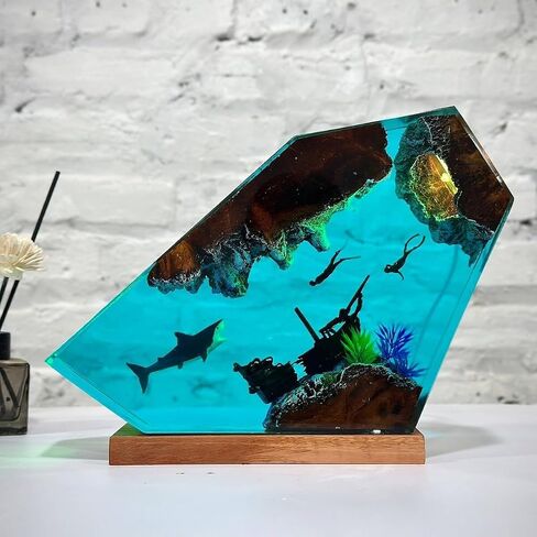 Shark Ocean Resin Lamp, Handmade Resin Night Light for Home Office Decor, Multi-Color LED Light with USB Port, Shark Gifts for Women & Men, Birthday Holiday Marine Biology Gifts for Kids (6"x4") in Saudi Arabia