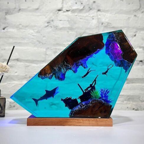 Shark Ocean Resin Lamp, Handmade Resin Night Light for Home Office Decor, Multi-Color LED Light with USB Port, Shark Gifts for Women & Men, Birthday Holiday Marine Biology Gifts for Kids (6"x4") in Saudi Arabia