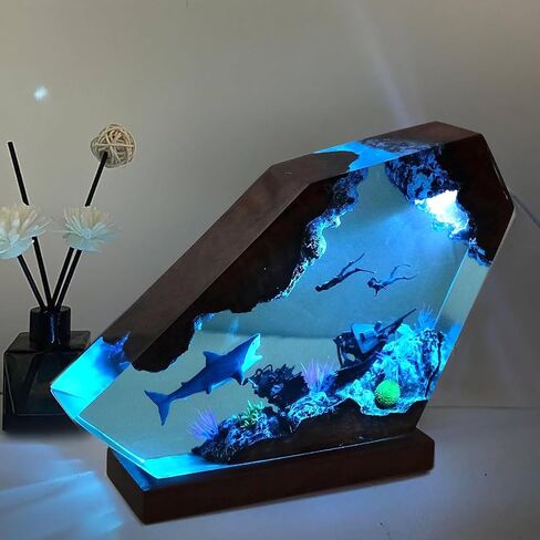 Shark Ocean Resin Lamp, Handmade Resin Night Light for Home Office Decor, Multi-Color LED Light with USB Port, Shark Gifts for Women & Men, Birthday Holiday Marine Biology Gifts for Kids (6"x4") in Saudi Arabia
