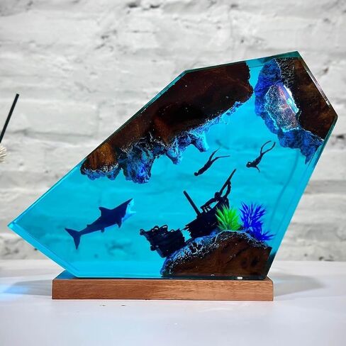 Shark Ocean Resin Lamp, Handmade Resin Night Light for Home Office Decor, Multi-Color LED Light with USB Port, Shark Gifts for Women & Men, Birthday Holiday Marine Biology Gifts for Kids (6"x4") in Saudi Arabia