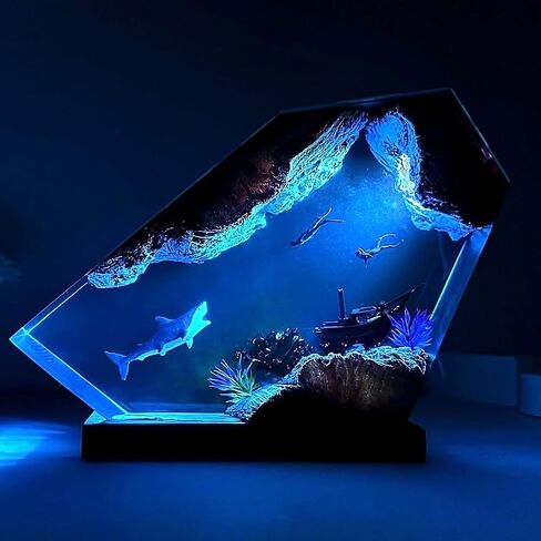 Shark Ocean Resin Lamp, Handmade Resin Night Light for Home Office Decor, Multi-Color LED Light with USB Port, Shark Gifts for Women & Men, Birthday Holiday Marine Biology Gifts for Kids (6"x4") in Saudi Arabia