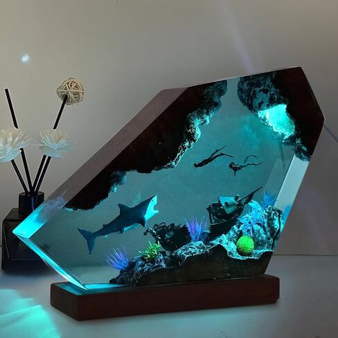 Shark Ocean Resin Lamp, Handmade Resin Night Light for Home Office Decor, Multi-Color LED Light with USB Port, Shark Gifts for Women & Men, Birthday Holiday Marine Biology Gifts for Kids (6"x4") in Saudi Arabia