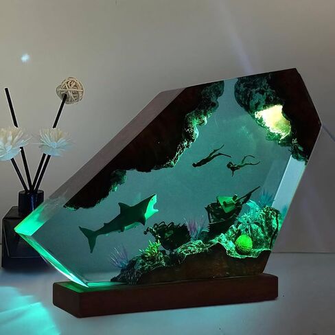 Shark Ocean Resin Lamp, Handmade Resin Night Light for Home Office Decor, Multi-Color LED Light with USB Port, Shark Gifts for Women & Men, Birthday Holiday Marine Biology Gifts for Kids (6"x4") in Saudi Arabia