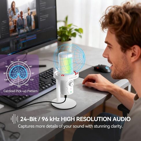 ميكروفون USB CMTECK لألعاب الكمبيوتر، ميكروفون مكثف للألعاب مع كتم سريع، مؤشر RGB، التوصيل والتشغيل، ميكروفون بودكاست مكتبي للتسجيل، يوتيوب، البث، متوافق مع PS4/5/PC (أسود) in Kuwait