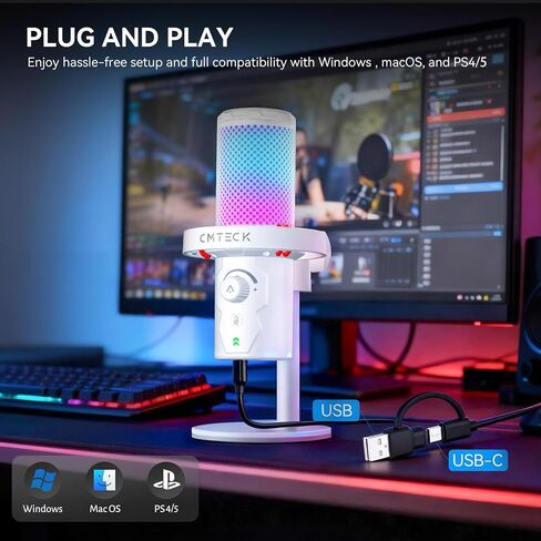ميكروفون USB CMTECK لألعاب الكمبيوتر، ميكروفون مكثف للألعاب مع كتم سريع، مؤشر RGB، التوصيل والتشغيل، ميكروفون بودكاست مكتبي للتسجيل، يوتيوب، البث، متوافق مع PS4/5/PC (أسود) in Kuwait