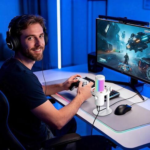 ميكروفون USB CMTECK لألعاب الكمبيوتر، ميكروفون مكثف للألعاب مع كتم سريع، مؤشر RGB، التوصيل والتشغيل، ميكروفون بودكاست مكتبي للتسجيل، يوتيوب، البث، متوافق مع PS4/5/PC (أسود) in Kuwait