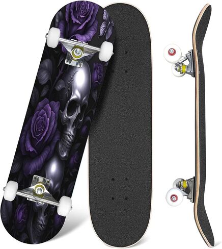 Skateboard Skull Angel Wings Rose Tattoo Design Black White Complete Skateboard 7 Layer Maple Wood Deck 31" x 8" Double Kick Concave Skateboards for Beginners Teens Adults in Saudi Arabia