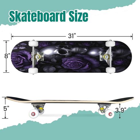Skateboard Skull Angel Wings Rose Tattoo Design Black White Complete Skateboard 7 Layer Maple Wood Deck 31" x 8" Double Kick Concave Skateboards for Beginners Teens Adults in Saudi Arabia