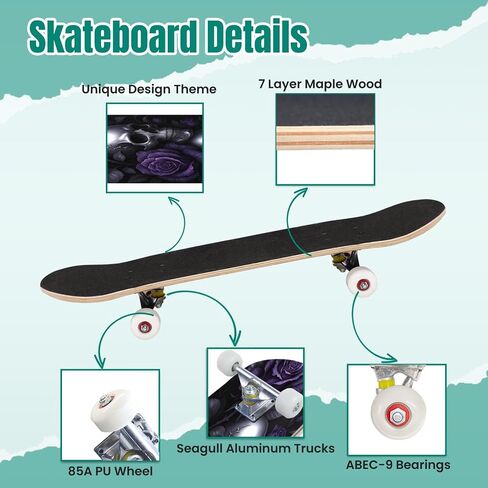 Skateboard Skull Angel Wings Rose Tattoo Design Black White Complete Skateboard 7 Layer Maple Wood Deck 31" x 8" Double Kick Concave Skateboards for Beginners Teens Adults in Saudi Arabia