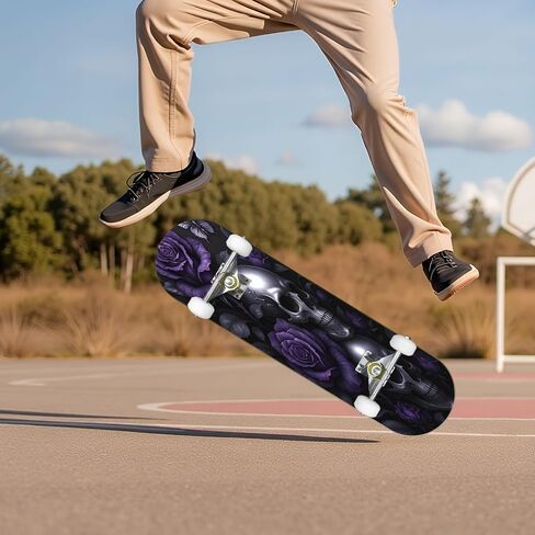 Skateboard Skull Angel Wings Rose Tattoo Design Black White Complete Skateboard 7 Layer Maple Wood Deck 31" x 8" Double Kick Concave Skateboards for Beginners Teens Adults in Saudi Arabia
