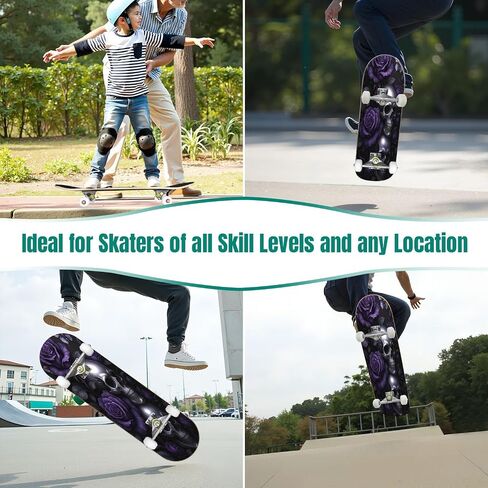 Skateboard Skull Angel Wings Rose Tattoo Design Black White Complete Skateboard 7 Layer Maple Wood Deck 31" x 8" Double Kick Concave Skateboards for Beginners Teens Adults in Saudi Arabia