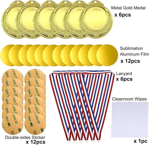 6 Pack Sublimation Gold Metal Medal Blanks, Award Prize Medal 2.55", DIY Custom Award Medals with Lanyards Kit Set for Competitions Kids Schools Events Party Favors Trophies in Saudi Arabia