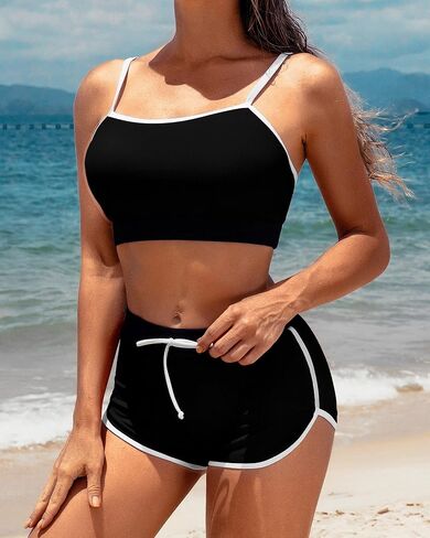 Women Sporty Bikini Set Athletic Two Piece Swimsuits Crop Top with Shorts Girls Bathing Suit in Saudi Arabia