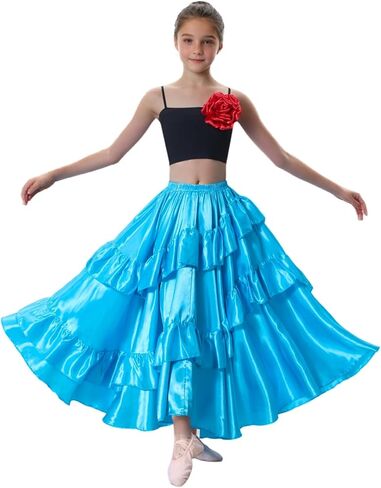 Double Ruffle Style Long Full Maxi Dance Skirt for Girls 8-12 Years Flamenco Dance Practice Class Dancewear in Saudi Arabia
