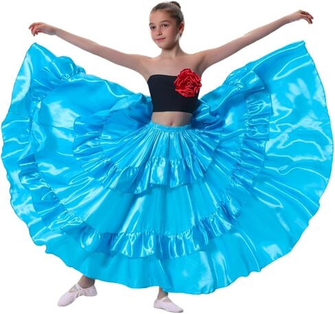 Double Ruffle Style Long Full Maxi Dance Skirt for Girls 8-12 Years Flamenco Dance Practice Class Dancewear in Saudi Arabia