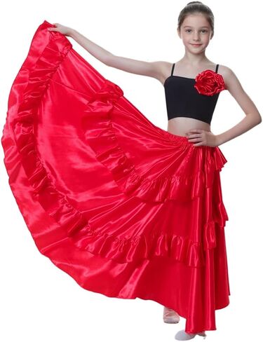 Double Ruffle Style Long Full Maxi Dance Skirt for Girls 8-12 Years Flamenco Dance Practice Class Dancewear in Saudi Arabia