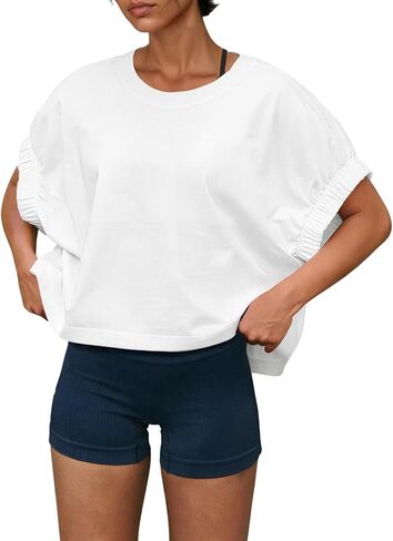Fisoew Womens Short Sleeve Workout Tops Elastic Cuff Loose Fit Cropped Active T Shirt Yoga Gym Running Shirts in Kuwait