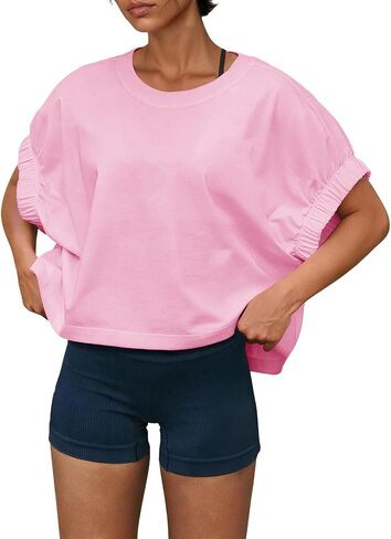 Fisoew Womens Short Sleeve Workout Tops Elastic Cuff Loose Fit Cropped Active T Shirt Yoga Gym Running Shirts in Kuwait