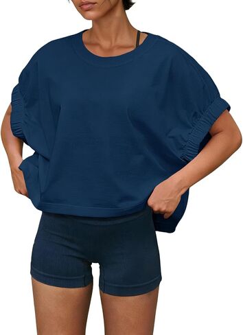 Fisoew Womens Short Sleeve Workout Tops Elastic Cuff Loose Fit Cropped Active T Shirt Yoga Gym Running Shirts in Saudi Arabia