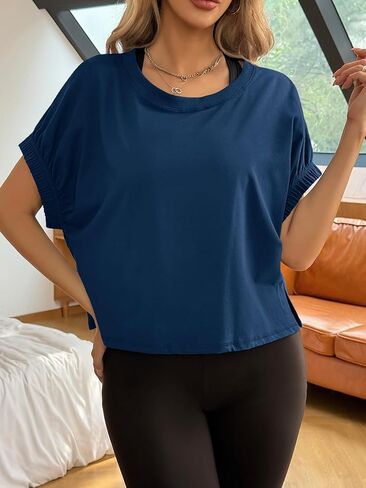 Fisoew Womens Short Sleeve Workout Tops Elastic Cuff Loose Fit Cropped Active T Shirt Yoga Gym Running Shirts in Saudi Arabia