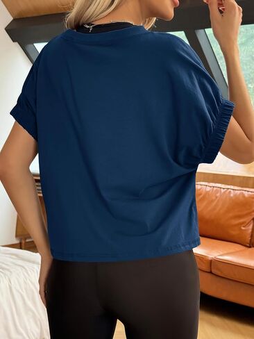 Fisoew Womens Short Sleeve Workout Tops Elastic Cuff Loose Fit Cropped Active T Shirt Yoga Gym Running Shirts in Saudi Arabia