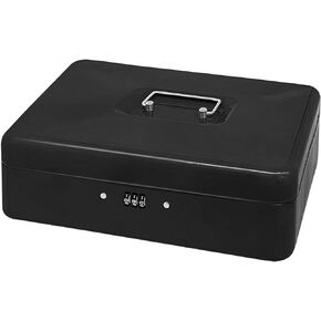 صندوق نقود فولاذي مع قفل مركب، منظم أموال صغير معدني مع صينية نقود قابلة للإزالة، صندوق تخزين نقدي مع غطاء قابل للقفل (أسود - 11.8 بوصة × 9.4 بوصة × 3.5 بوصة) in Kuwait