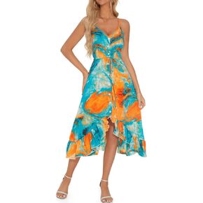 Hozoely Women's Casual Summer Dresses Floral Spaghetti Strap Sleeveless Beach Flowy Midi Sun Dresses