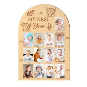 R HORSE My First Year Photo Frame Board - Baby Photo Display Wood Board My First Year Picture Frame 12 Months Milestone Board Highland Cow 1st Birthday Nursery Decor Baby Keepsake Gifts for Boy Girl