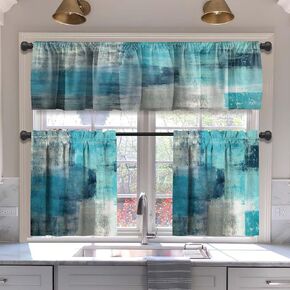 MCALK Blue Kitchen Curtains Tiers and Valances Set 3 Piece for Windows Grey Kitchen Window Curtains Set,Modern Abstract Art Valances for Living Room(36" Tiers Set)
