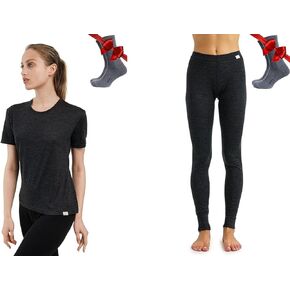 Merino.tech Merino Wool Base Layer Women Lightweight Short Sleeve Tee & Thermal Underwear Bottoms + Wool Socks