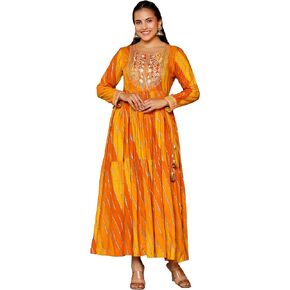 FASHION DWAR Women's Lehriya Printed Embroidered Rayon Long Gown/Midi/Maxi Casual, Work, Summer Dress, 3/4 Sleeves, Crew Neck