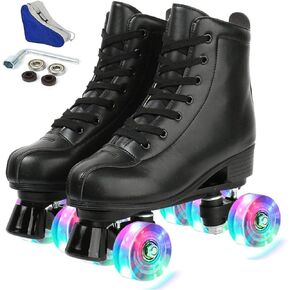 Roller Skates for Women,PU Leather Womens Roller Skates Light Up Wheels,Classic Double Row Black Roller Skates 4 Flash Wheels Roller Skates Men and Girls Outdoor