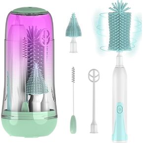 Mutilife Electric Baby Bottle Brush Cleaner Set with Milk Powder Stirring Function - USB-C Rechargeable Silicone Bottle Brush Kit with Bottle Brush, Nipple Brush, Straw Brush & Stir Stick - Green