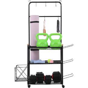 Yoga Mat Holder, 3 Tier Yoga Mat Storage Rack with Ball Cage, Movable Yoga Mat Rack with Hooks, Home Gym Storage for Dumbbell Kettlebell Gym Accessories