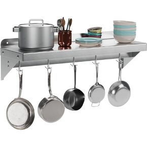 RIEDHOFF Metal Multifunctional Storage Rack with Backplash for Kitchen, [NSF Certified] 12" x 24" Stainless Steel Wall Mount Shelf with 5 Hooks for Hanging Pots, Pans,cookware in Home and Restaurant
