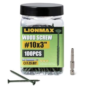 LIONMAX Deck Screws 3 Inch, Wood Screws #10 x 3", 100 PCS, Rust Resistant, Exterior Epoxy Coated, Outdoor Decking Screws, Torx/Star Drive Head Screw, T25 Star Bit Included, Green