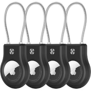 AirTag Keychain Holder - (4 Pack) Airtag Lock Case with Wire Cable Compatible with Apple AirTags,Ultra Durable Anti-Lost Protective Case with Keyring for Luggage, Key, Backpack, Pet, Bag, Black