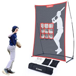 Patiassy Pitching Net with Strike Zone Baseball Net with Target Pockets Baseball Softball Training Equipment Portable Pitcher Trainer Net with 2 Baseballs, 2 Large Sandbags and Carry Bag