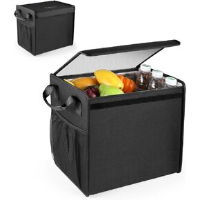 Foldable Storage Fresh Box with Pockets on Both Sides, Insulated or Refrigerated Food Delivery Bags Made of 600D Nylon Fabric, Vehicle Trunk Organizer Bag (Black)